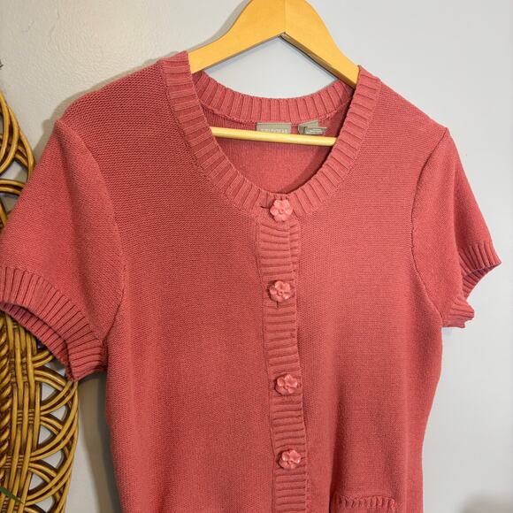 Pink Knit Cardigan Flower Buttons Vintage Short Sleeve Sweater Top | True Spring - Picture 6 of 7